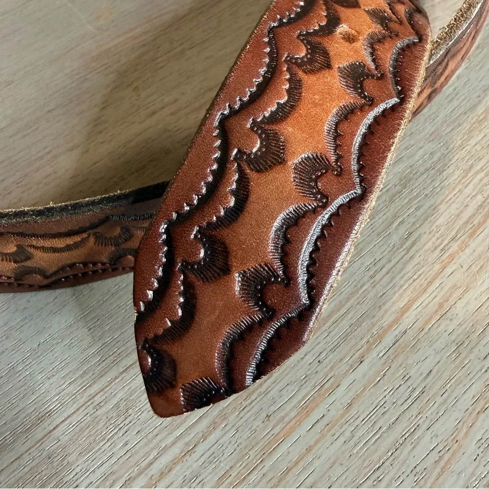 Western Tooled Brown Leather Cowboy Belt Size 45 Made In USA Scrollwork